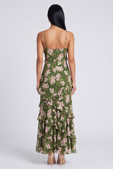 Dunkelgrünes Blumen-Spaghettiträger-Scheiden-Maxikleid mit Rüschen