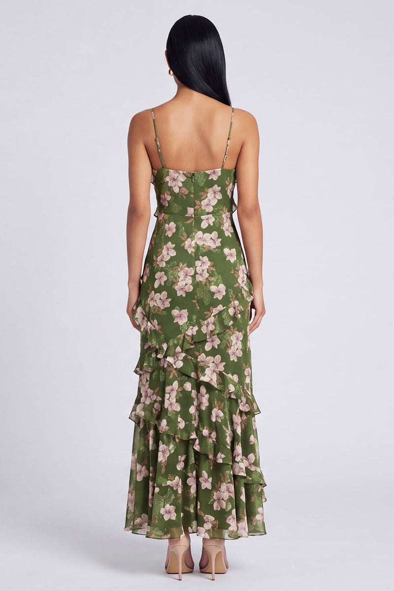 Laden Sie das Bild in den Galerie-Viewer, Dunkelgrünes Blumen-Spaghettiträger-Scheiden-Maxikleid mit Rüschen