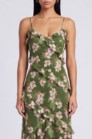 Laden Sie das Bild in den Galerie-Viewer, Dunkelgrünes Blumen-Spaghettiträger-Scheiden-Maxikleid mit Rüschen