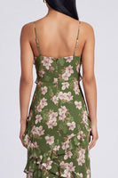 Laden Sie das Bild in den Galerie-Viewer, Dunkelgrünes Blumen-Spaghettiträger-Scheiden-Maxikleid mit Rüschen
