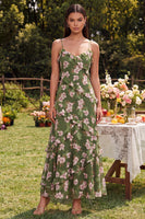 Laden Sie das Bild in den Galerie-Viewer, Dunkelgrünes Blumen-Spaghettiträger-Scheiden-Maxikleid mit Rüschen
