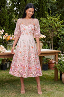 Laden Sie das Bild in den Galerie-Viewer, Rosa A-Linie rundhalsbesticktes Midi-Blumenkleid mit halben Ärmeln