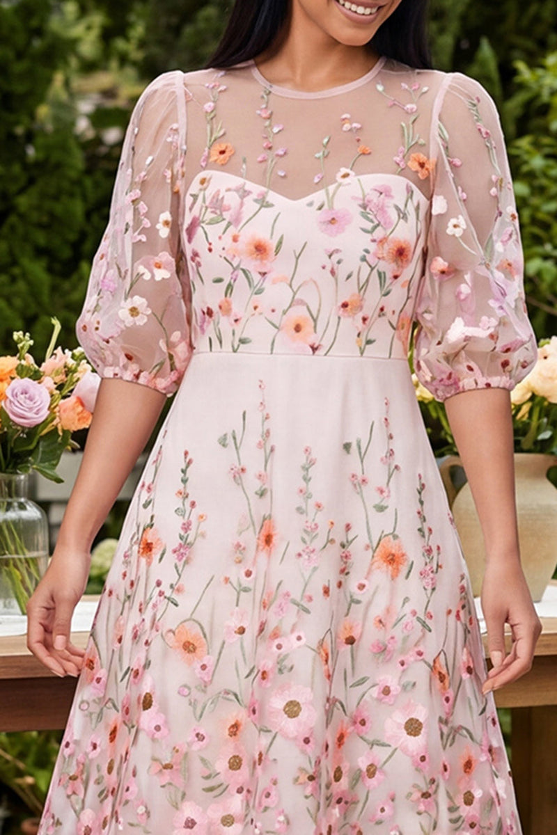 Laden Sie das Bild in den Galerie-Viewer, Rosa A-Linie rundhalsbesticktes Midi-Blumenkleid mit halben Ärmeln