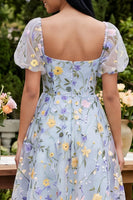 Laden Sie das Bild in den Galerie-Viewer, Blaues Blumen-A-Linien-Quadrathals-Midi-Kleid mit Puffärmeln