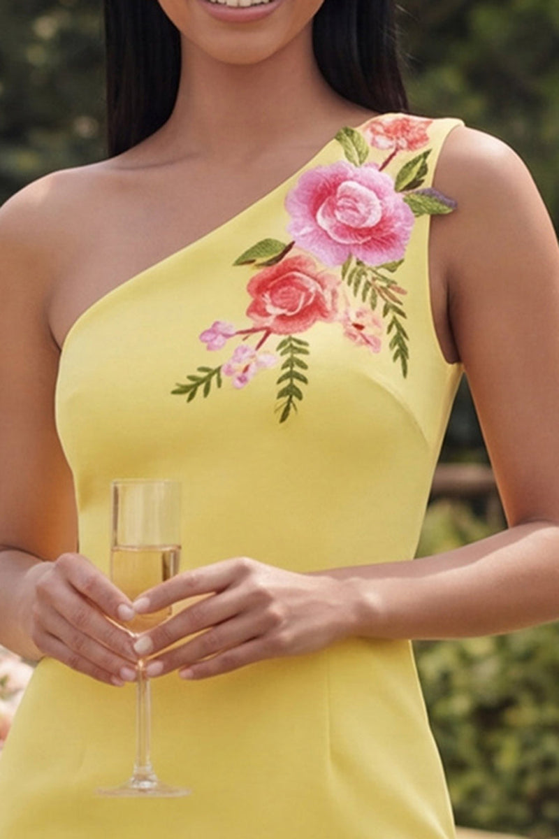 Laden Sie das Bild in den Galerie-Viewer, Gelbes, einschulterfarbenes Bodycon besticktes Blumen-Minikleid