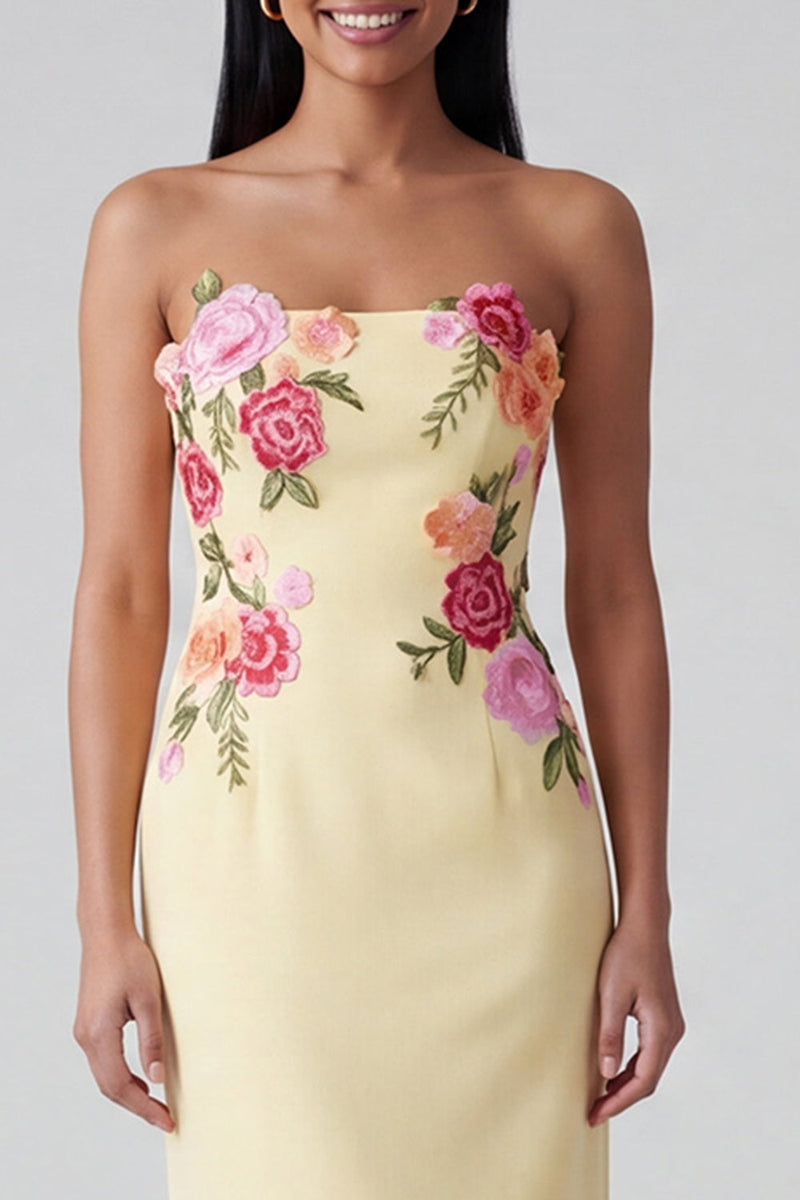 Laden Sie das Bild in den Galerie-Viewer, Hellgelbes, trägerloses Scheiden, langes Blumenkleid