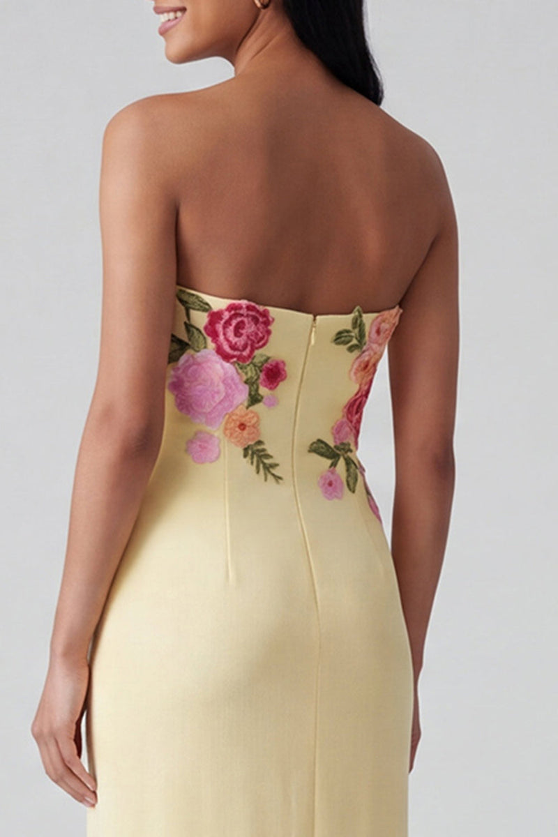 Laden Sie das Bild in den Galerie-Viewer, Hellgelbes, trägerloses Scheiden, langes Blumenkleid