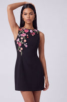 Laden Sie das Bild in den Galerie-Viewer, Schwarzes Rundhals-Bodycon Mini-Blumenkleid