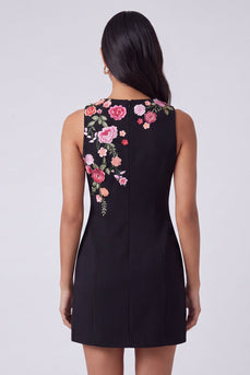 Schwarzes Rundhals-Bodycon Mini-Blumenkleid