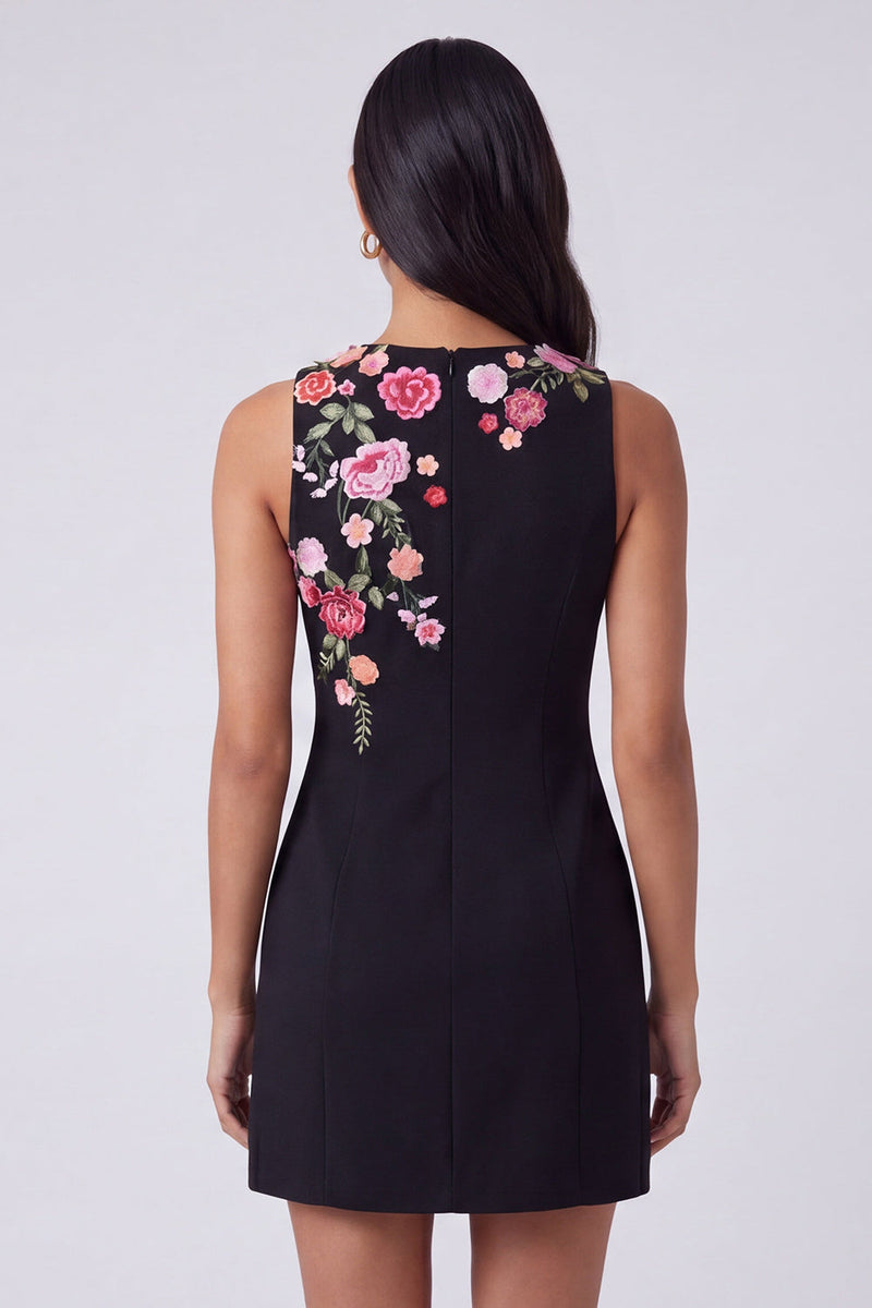 Laden Sie das Bild in den Galerie-Viewer, Schwarzes Rundhals-Bodycon Mini-Blumenkleid