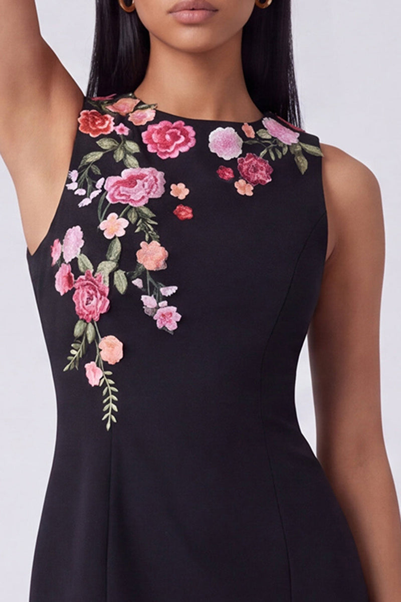 Laden Sie das Bild in den Galerie-Viewer, Schwarzes Rundhals-Bodycon Mini-Blumenkleid