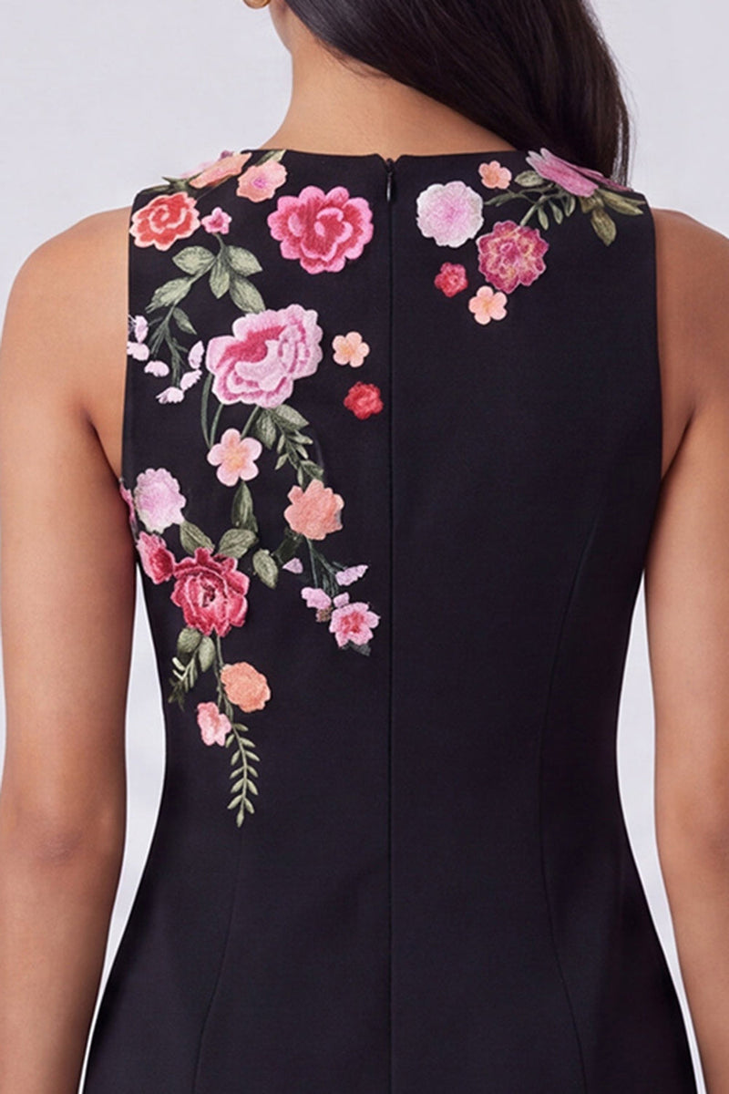 Laden Sie das Bild in den Galerie-Viewer, Schwarzes Rundhals-Bodycon Mini-Blumenkleid