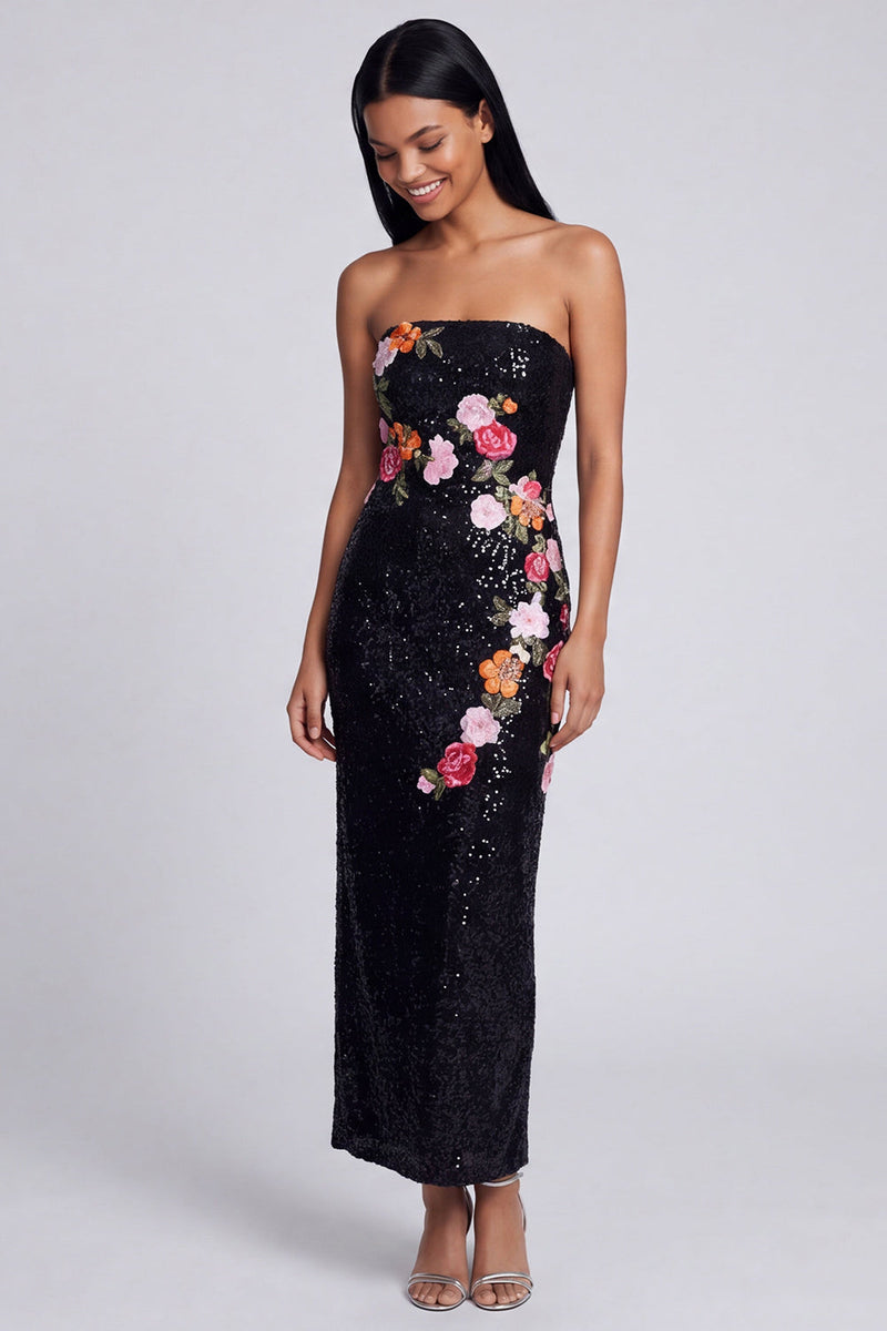 Laden Sie das Bild in den Galerie-Viewer, Glitzerndes schwarzes, trägerloses, langes Blumenpaillettenkleid