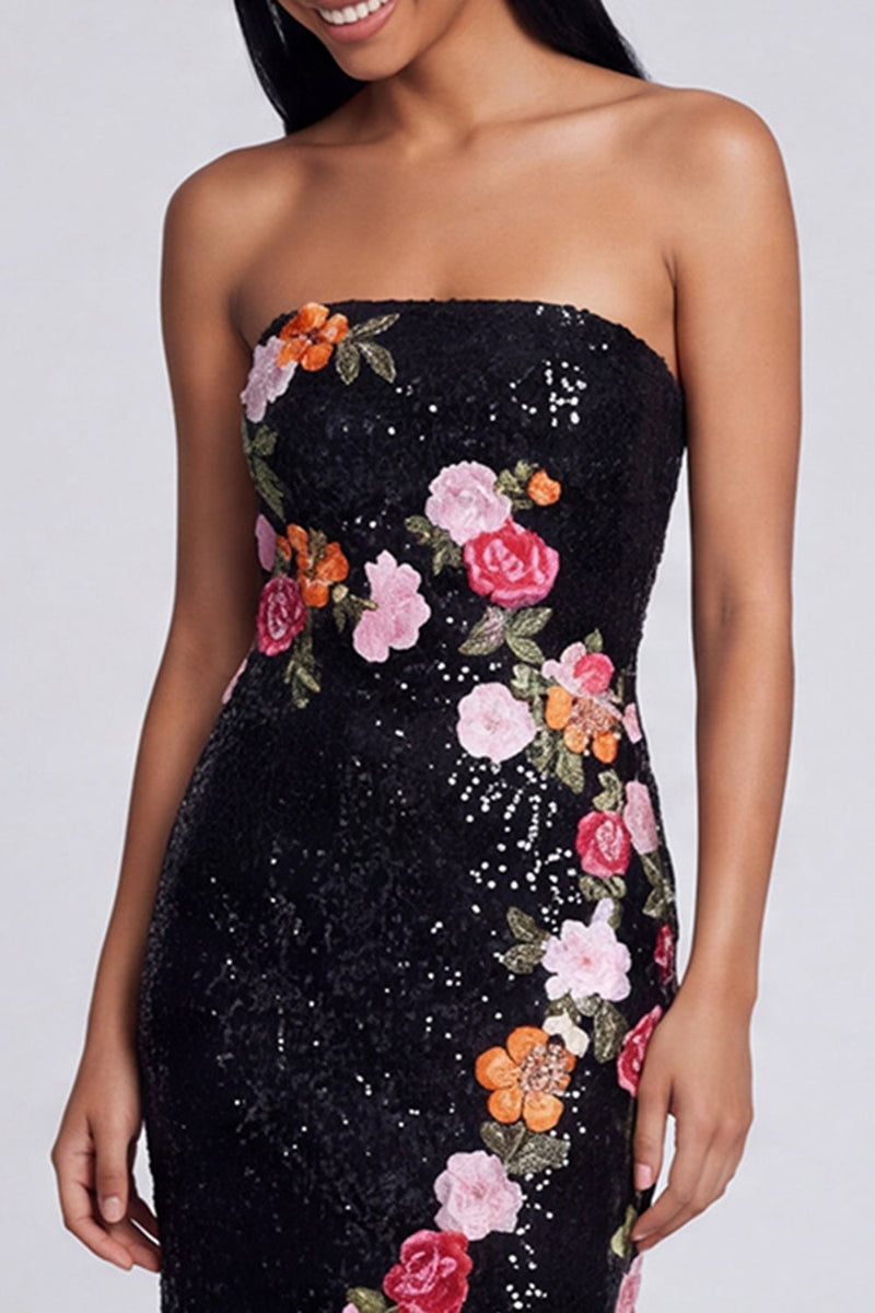 Laden Sie das Bild in den Galerie-Viewer, Glitzerndes schwarzes, trägerloses, langes Blumenpaillettenkleid