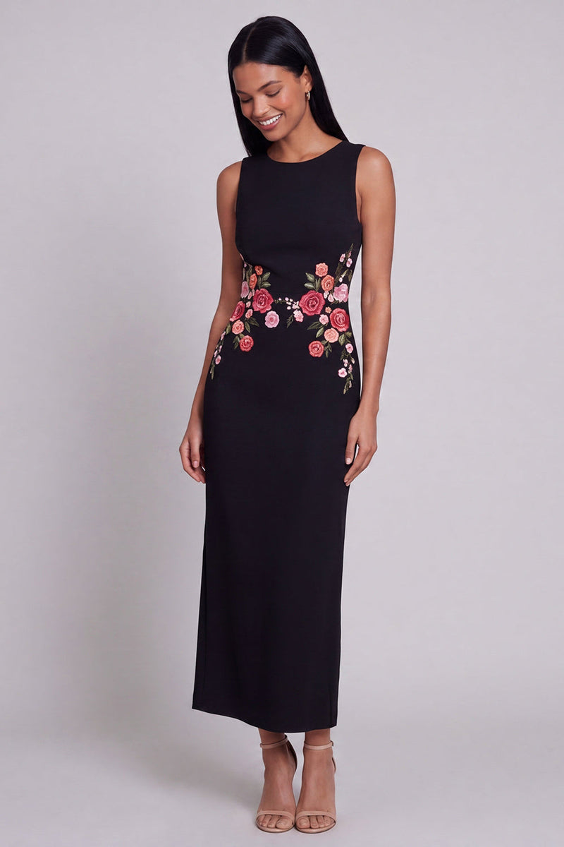 Laden Sie das Bild in den Galerie-Viewer, Schwarzes Rundhals-Floral-Lange Festkleid