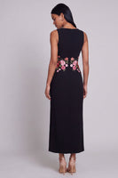 Laden Sie das Bild in den Galerie-Viewer, Schwarzes Rundhals-Floral-Lange Festkleid