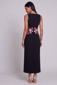 Schwarzes Rundhals-Floral-Lange Festkleid