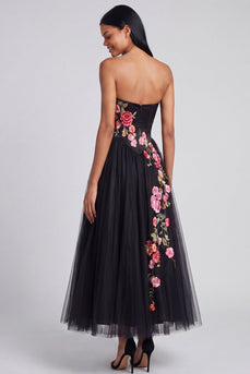A-Line Schwarzes Sweetheart Tule Floral langes Festliches Kleid