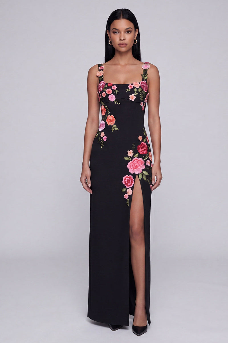 Laden Sie das Bild in den Galerie-Viewer, Schwarzes florales Quadrathals-Scheiden, langes festliches Kleid mit Schlitz