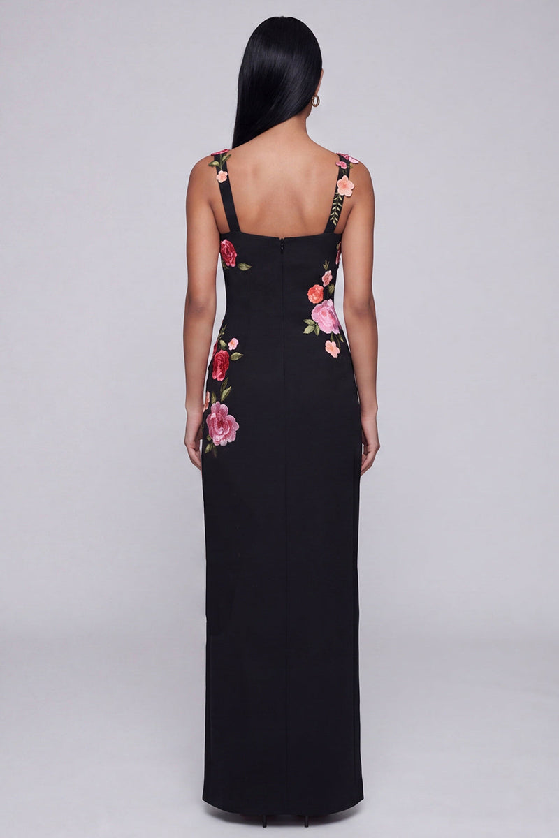 Laden Sie das Bild in den Galerie-Viewer, Schwarzes florales Quadrathals-Scheiden, langes festliches Kleid mit Schlitz