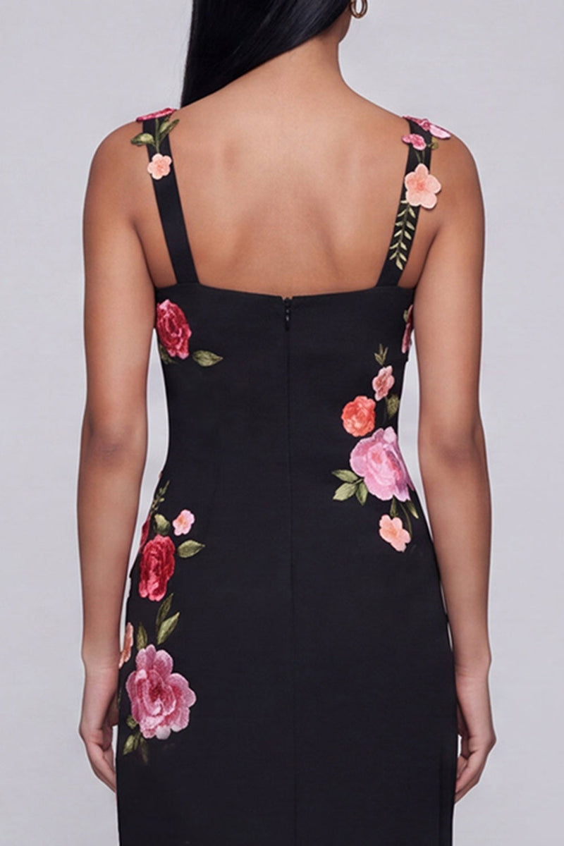 Laden Sie das Bild in den Galerie-Viewer, Schwarzes florales Quadrathals-Scheiden, langes festliches Kleid mit Schlitz