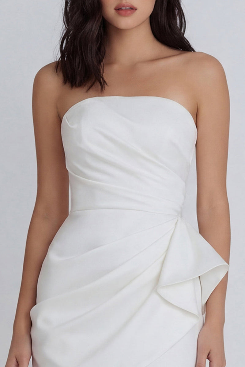 Laden Sie das Bild in den Galerie-Viewer, Satin Elfenbein Trägerloses Gerafftes Bodycon Minikleid mit Rüschen