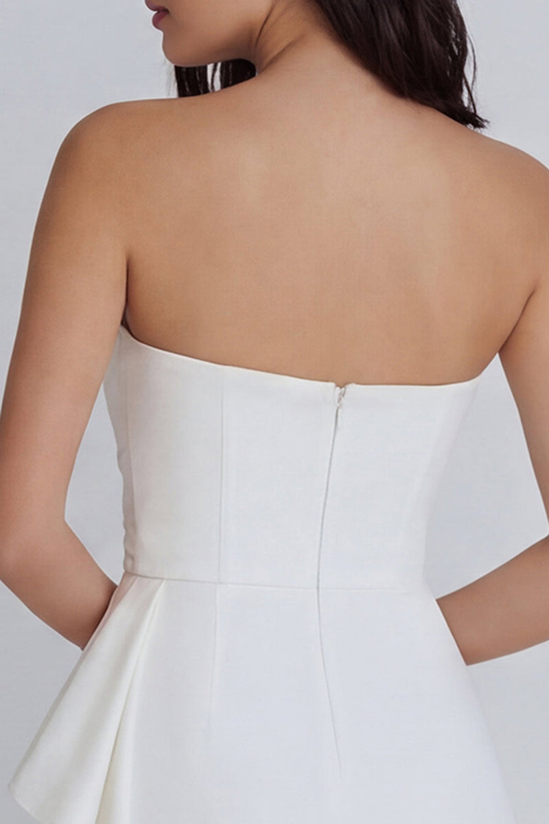 Laden Sie das Bild in den Galerie-Viewer, Elfenbein Trägerloses Bodycon Gerafftes Minikleid mit Rüschen