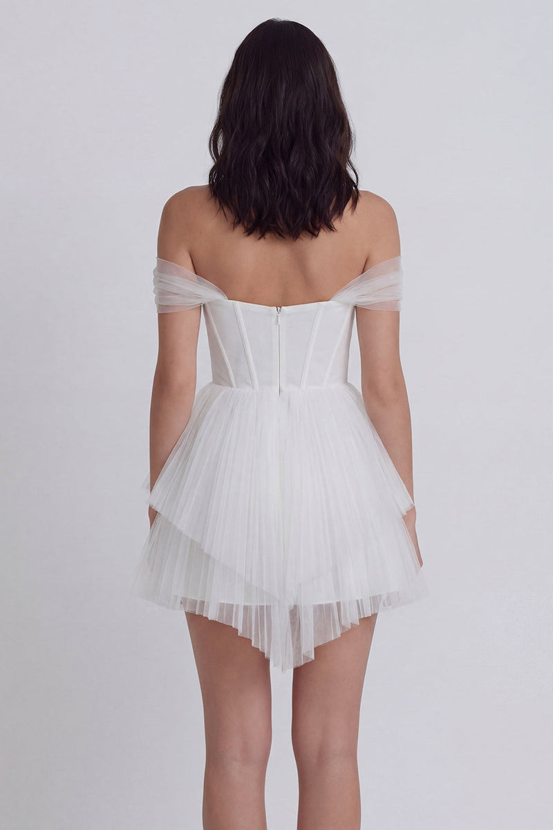 Laden Sie das Bild in den Galerie-Viewer, Schulterfreies Korsett A-Linie Tüll Kleines weißes Kleid