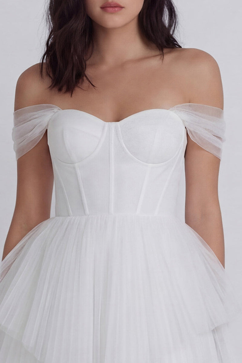 Laden Sie das Bild in den Galerie-Viewer, Schulterfreies Korsett A-Linie Tüll Kleines weißes Kleid