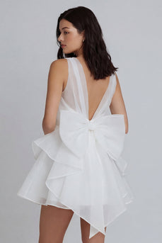 Elfenbein A-Linie Tüll V-Ausschnitt Minikleid mit Rüschen und Schleife