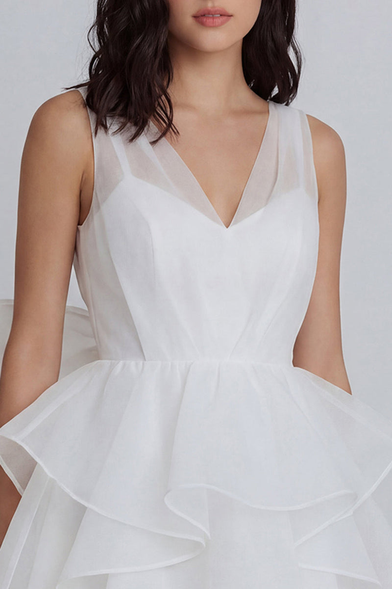 Laden Sie das Bild in den Galerie-Viewer, Elfenbein A-Linie Tüll V-Ausschnitt Minikleid mit Rüschen und Schleife