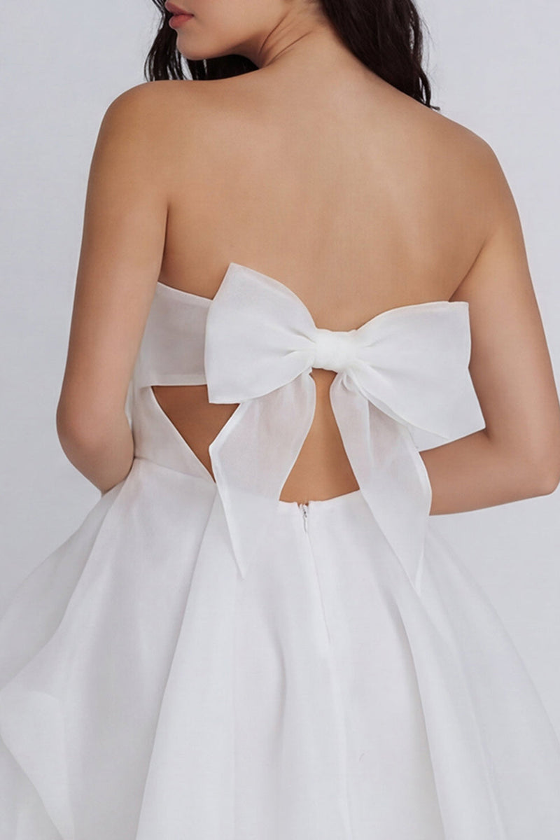 Laden Sie das Bild in den Galerie-Viewer, A-Linie Tüll Trägerloses Elfenbein Gerafftes Minikleid mit Schleife