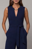 Laden Sie das Bild in den Galerie-Viewer, Marineblauer V-Ausschnitt ärmelloser formeller Overall mit Gürtel