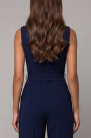 Laden Sie das Bild in den Galerie-Viewer, Marineblauer V-Ausschnitt ärmelloser formeller Overall mit Gürtel
