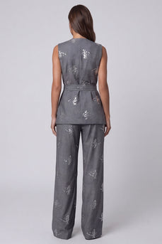Dunkelgraue V-Ausschnitt zweiteilige Pailletten-Arbeitsanzüge mit Gürtel