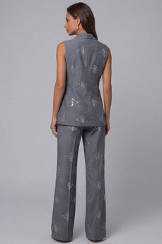 Dunkelgraue, zweireihige zweiteilige Pailletten-Arbeitsanzüge mit Spitzrevers