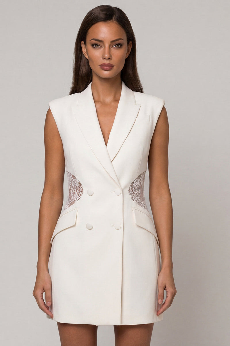 Laden Sie das Bild in den Galerie-Viewer, Weißes Revers Bouble-breasted Lace Sheath Kurzes Arbeitskleid
