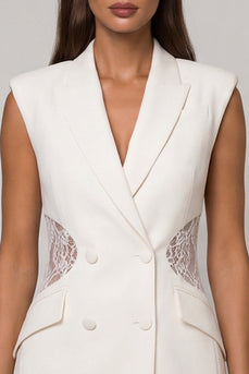 Weißes Revers Bouble-breasted Lace Sheath Kurzes Arbeitskleid