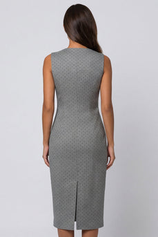 Graues V-Ausschnitt Doppelreih-Scheiden-Polka-Dot Midi-Kleid mit Schlitz