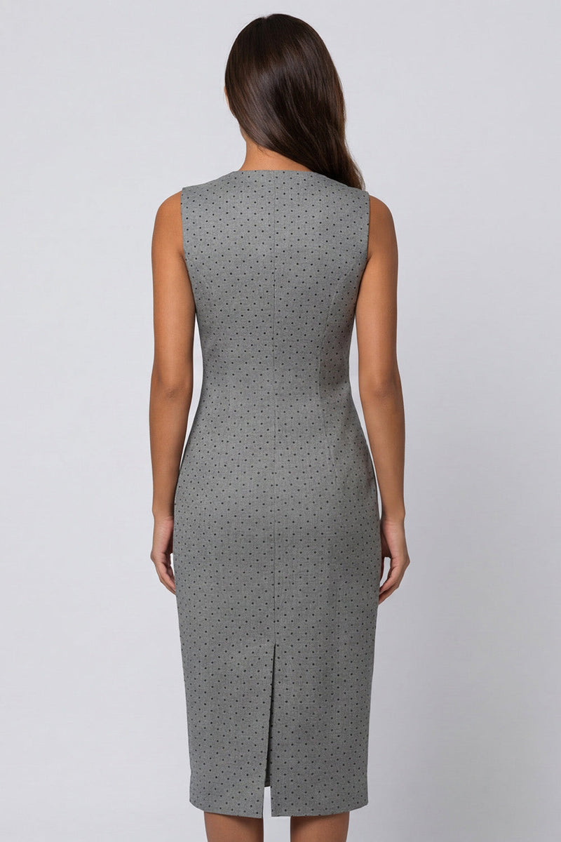 Laden Sie das Bild in den Galerie-Viewer, Graues V-Ausschnitt Doppelreih-Scheiden-Polka-Dot Midi-Kleid mit Schlitz