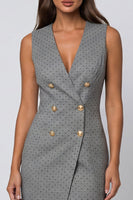 Laden Sie das Bild in den Galerie-Viewer, Graues V-Ausschnitt Doppelreih-Scheiden-Polka-Dot Midi-Kleid mit Schlitz