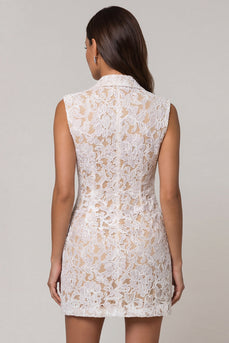 Spitzen-Elfenbein-Revers-Scheibe kurze Arbeitskleid