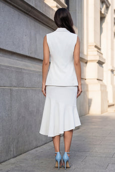 Weißes zweiteiliges asymmetrisches Arbeitskleid mit gekerbtem Revers