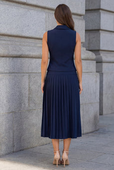 Halter Navy einreihiges plissiertes A-Linie zweiteiliges Arbeitskleid