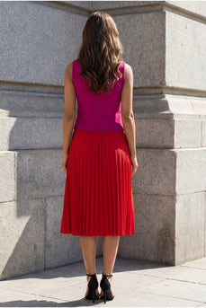 Fuchsia und rotes V-Ausschnitt plissiertes zweiteiliges A-Line-Arbeitskleid
