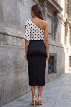 Schwarzer einschulteriger Bodycon-Arbeitskleid mit Polka-Dots