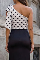 Laden Sie das Bild in den Galerie-Viewer, Schwarzer einschulteriger Bodycon-Arbeitskleid mit Polka-Dots