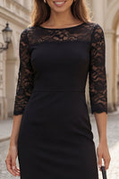 Laden Sie das Bild in den Galerie-Viewer, Schwarzes 3/4-ärmeliges Bodycon-Spitzen-Midi-Arbeitskleid