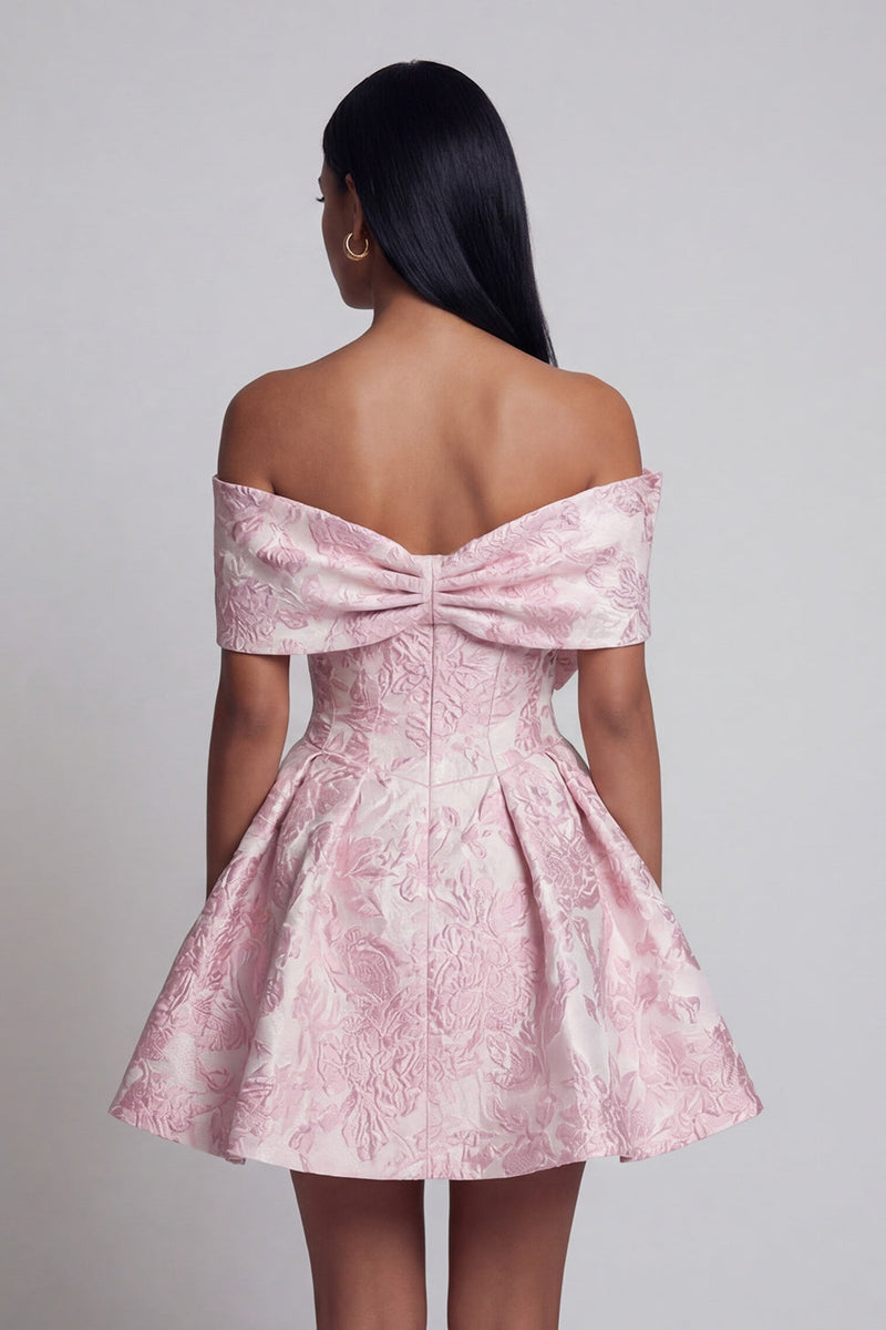 Laden Sie das Bild in den Galerie-Viewer, Rosa Jacquard A-Line-Off-the-shoulder Mini-Homecoming-Kleid mit Schleife