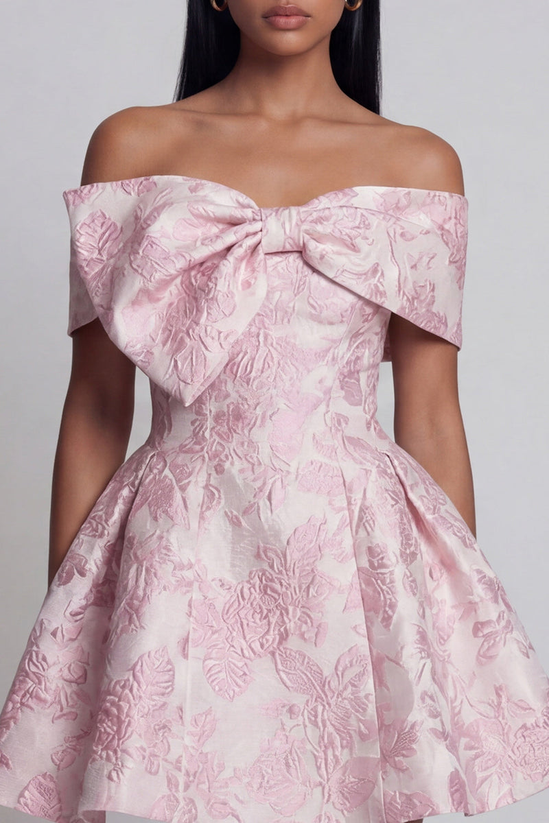 Laden Sie das Bild in den Galerie-Viewer, Rosa Jacquard A-Line-Off-the-shoulder Mini-Homecoming-Kleid mit Schleife
